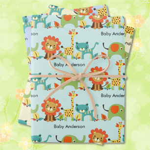 Baby Shower Add Name Lion Giraffe Elephant 3 Wrapping Paper Sheet