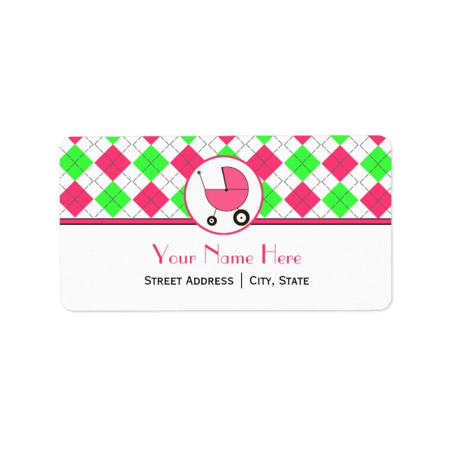 Baby Shower Address Label- Hot Pink & Green Argyle Label (Front)