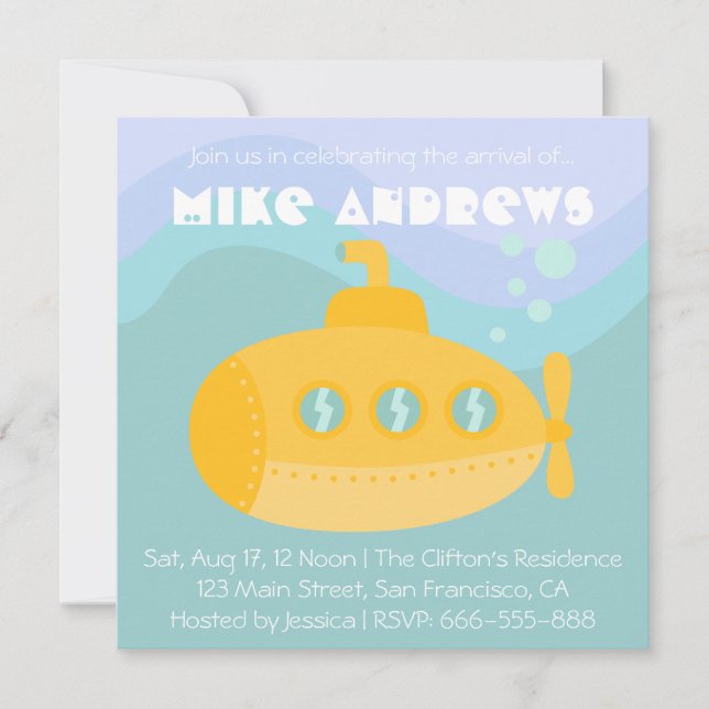 Baby Shower: Adorable Yellow Submarine Underwater Invitation (Front)