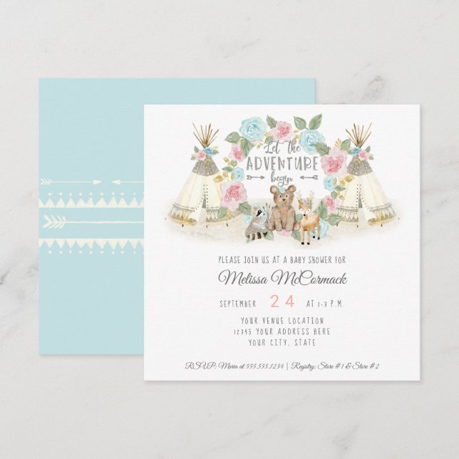 Baby Shower Adventure Begin Teepee Bear Deer Blue Invitation (Front/Back)