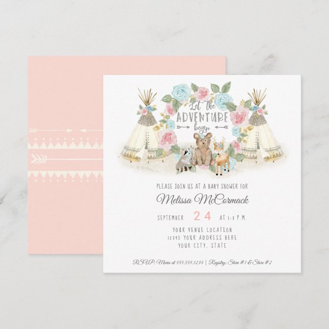 Baby Shower Adventure Begin Teepee Bear Deer Blush Invitation (Front/Back)