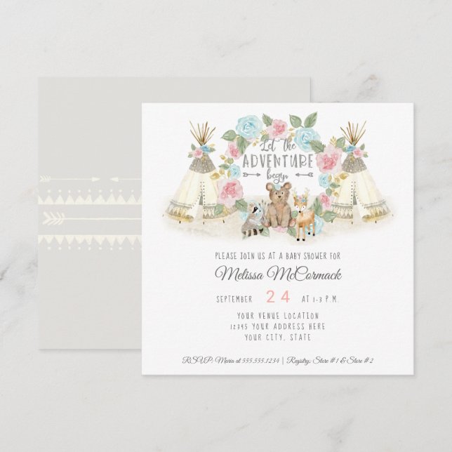 Baby Shower Adventure Begin Teepee Bear Deer Grey Invitation (Front/Back)
