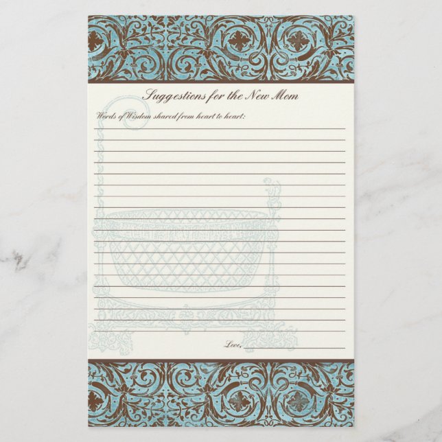 Baby Shower Advice for New Mum - Blue Brown Damask (Front)