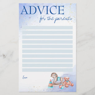 Baby shower advice for the parents game blue stationery