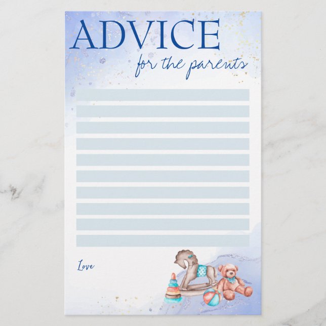 Baby shower advice for the parents game blue stationery (Front)