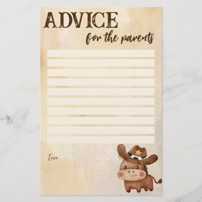 Baby shower advice for the parents little cowboy stationery (Front)