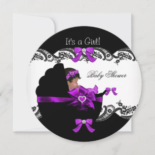 Baby Shower African American Girl Purple Pink Invitation
