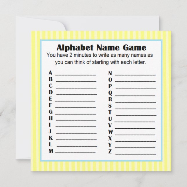 Baby Shower Alphabet Name Game BINGO Yellow & Blue Invitation (Front)
