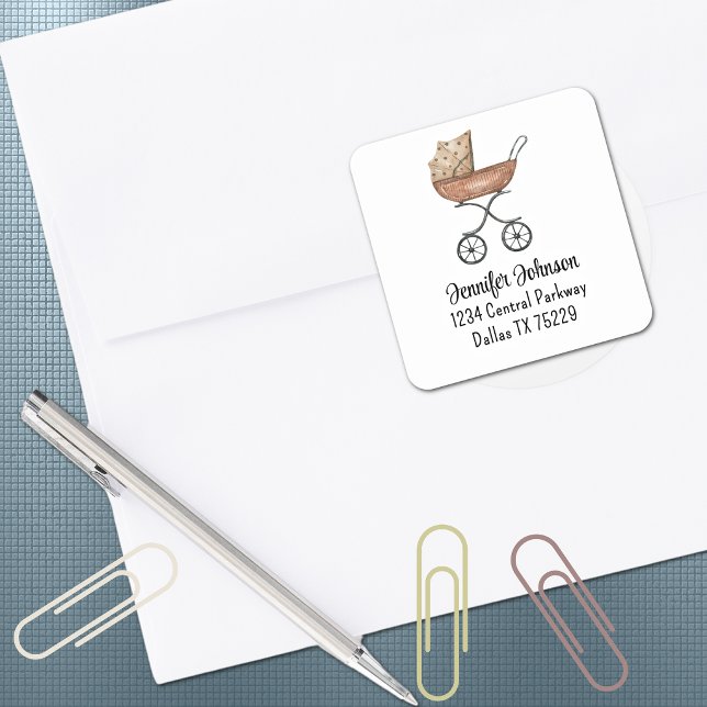 Baby Shower Antique Buggy Return Address Square Sticker (Creator Uploaded)
