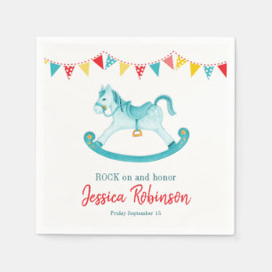 Baby shower aqua red rocking horse honouring name napkin
