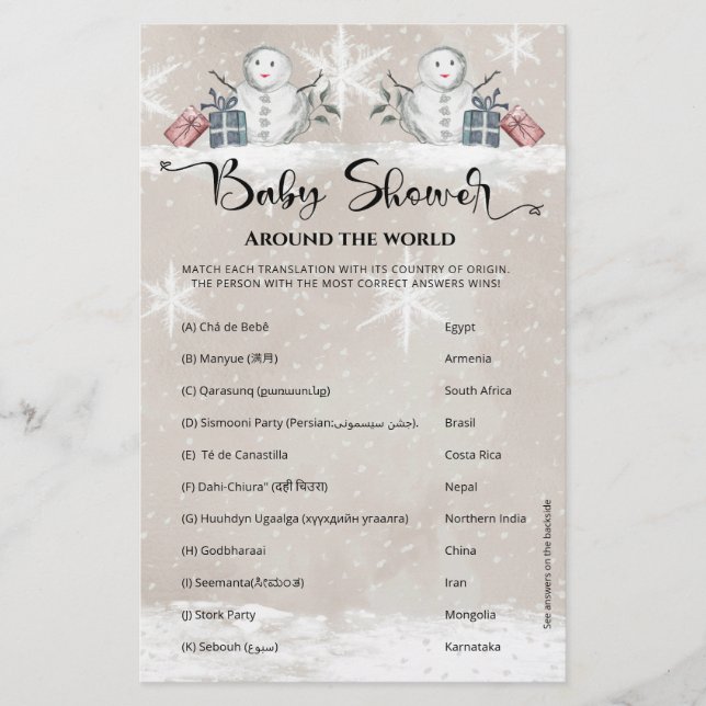 Baby Shower Around the World Snowman Baby Shower (Front)