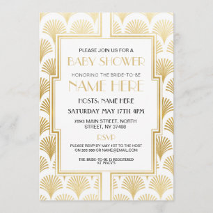 Baby Shower Art Deco 1920s White & Gold Gatsby Invitation
