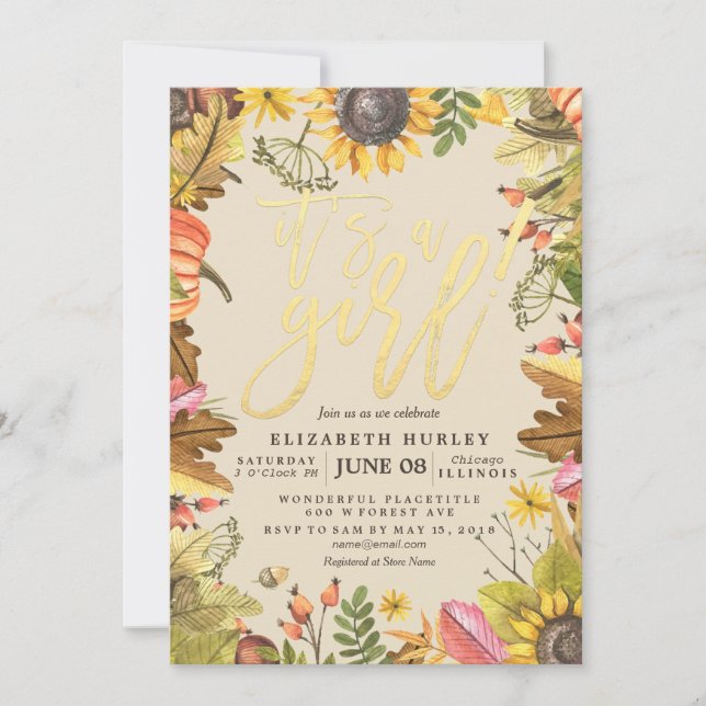 Baby Shower Autumn Maple Leaves Pumpkin Sunflowers Invitation (Front)