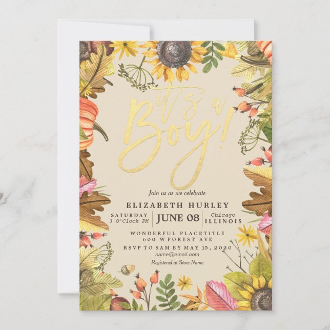 Baby Shower Autumn Maple Leaves Pumpkin Sunflowers Invitation (Front)