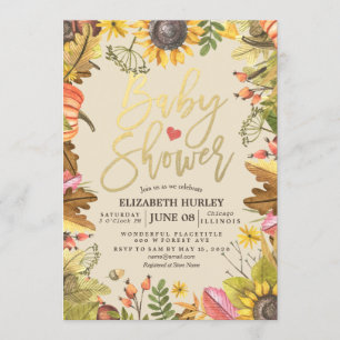 Baby Shower Autumn Maple Leaves Pumpkin Sunflowers Invitation