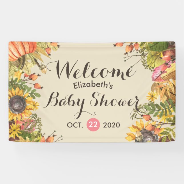 Baby Shower Autumn Maple Leaves Pumpkins Sunflower Banner (Horizontal)