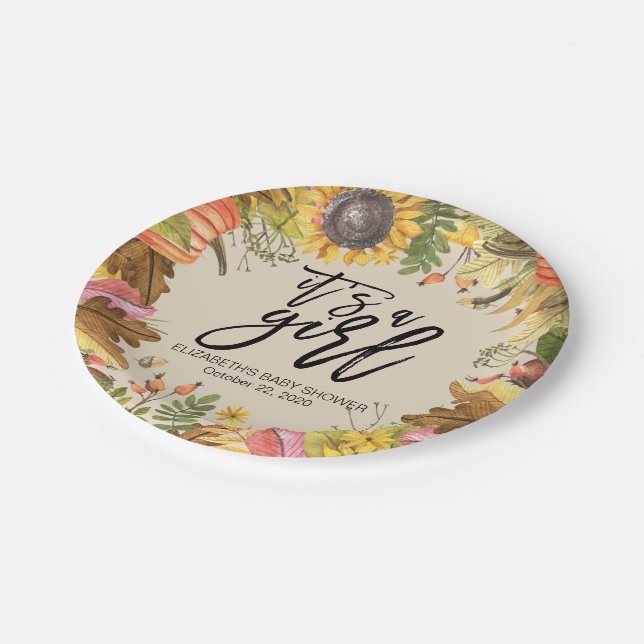 Baby Shower Autumn Maple Leaves Pumpkins Sunflower Paper Plate (Angled)