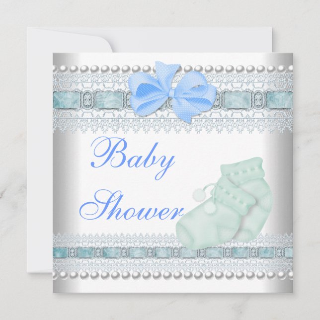 Baby Shower Baby Blue Booties Pearl Lace Invitation (Front)