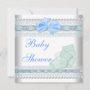 Baby Shower Baby Blue Booties Pearl Lace Invitation