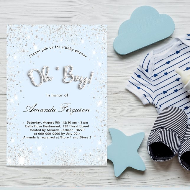 Baby Shower baby blue boy silver sparkle luxury Invitation (Creator Uploaded)