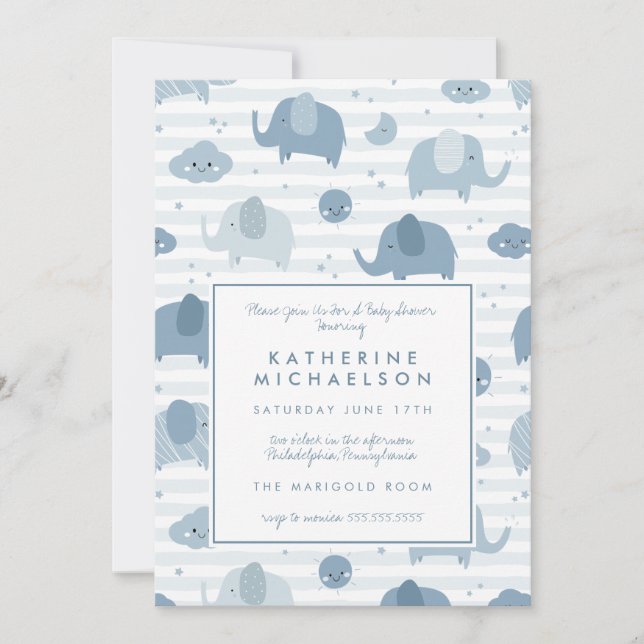 BABY SHOWER | Baby Blue Elephants Invitation (Front)