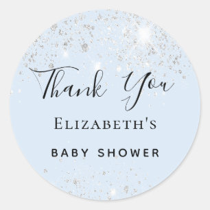 Baby Shower baby blue silver glitter Thank You  Classic Round Sticker