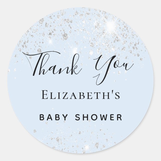Baby Shower baby blue silver glitter Thank You  Classic Round Sticker (Front)