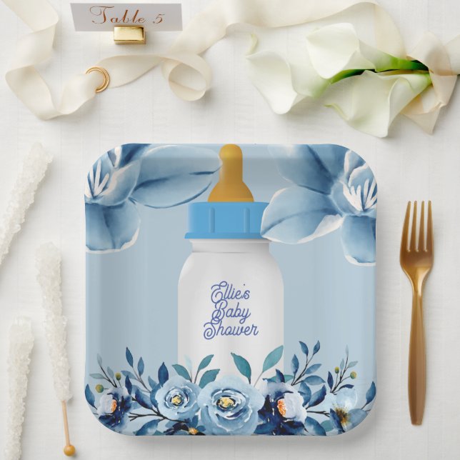Baby Shower - Baby Bottle- Flowers Name Custom Paper Plate (Wedding)