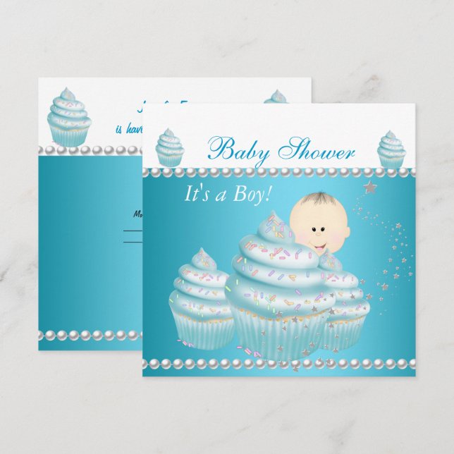 Baby Shower Baby Boy Blue Cupcake Sprinkle Invitation (Front/Back)