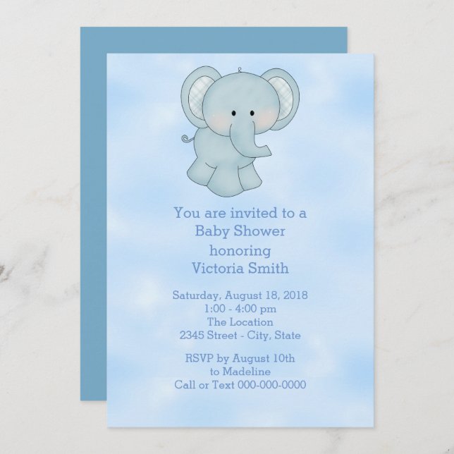 Baby Shower Baby Boy Blue Elephant Invitation (Front/Back)