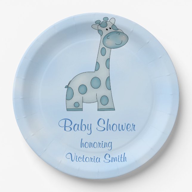 Baby Shower Baby Boy Blue Giraffe Paper Plate (Front)