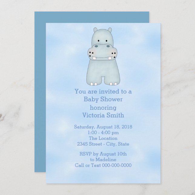 Baby Shower Baby Boy Blue Hippo Invitation (Front/Back)