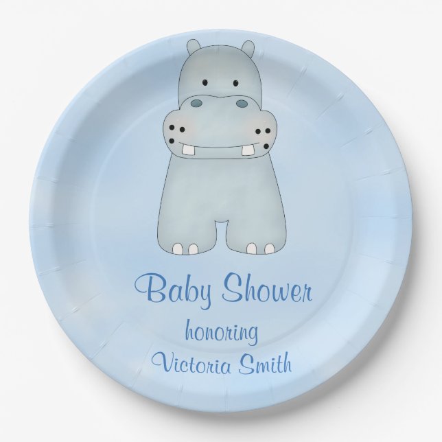 Baby Shower Baby Boy Blue Hippo Paper Plate (Front)