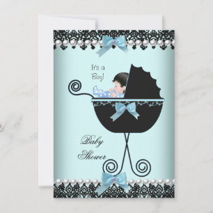 Baby Shower Baby Boy Blue Teal Black Lace 2 Invitation