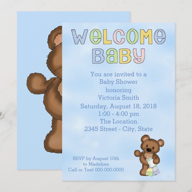 Baby Shower Baby Boy Teddy Bear Invitation (Front/Back)