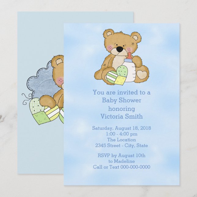 Baby Shower Baby Boy Teddy Bear Invitation (Front/Back)