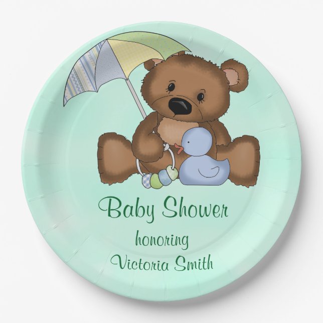 Baby Shower Baby Boy Teddy Bear Paper Plate (Front)