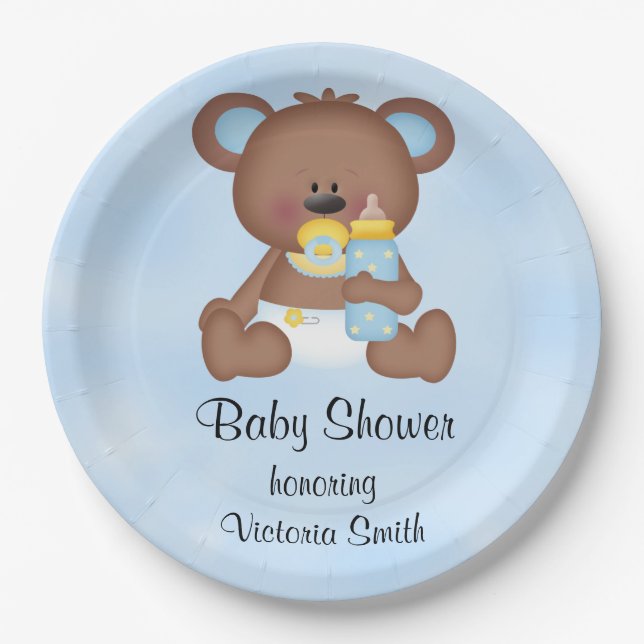 Baby Shower Baby Boy Teddy Bear Paper Plate (Front)