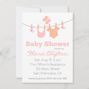 Baby shower - Baby clothes on clothesline Invitation
