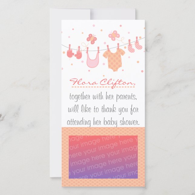 Baby shower: Baby clothes on clothesline Thank You Card (Front)