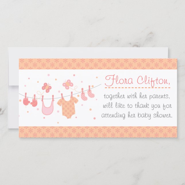 Baby shower: Baby clothes on clothesline Thank You Card (Front)