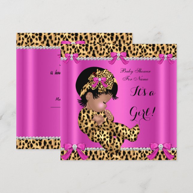 Baby Shower Baby Cute Girl Leopard Hot Pink Gold A Invitation (Front/Back)