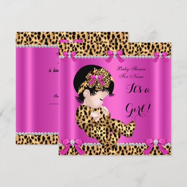 Baby Shower Baby Cute Girl Leopard Hot Pink Gold B Invitation (Front/Back)