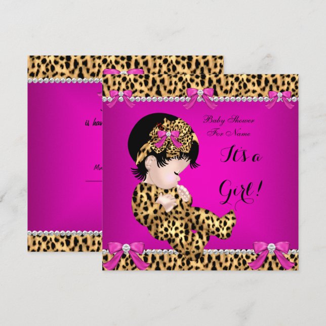 Baby Shower Baby Cute Girl Leopard Hot Pink Gold E Invitation (Front/Back)
