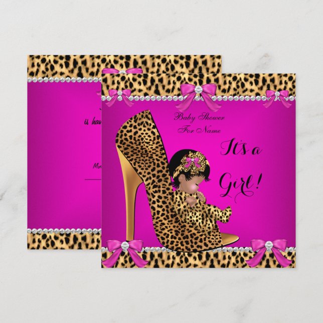 Baby Shower Baby Cute Girl Leopard Hot Pink Shoe C Invitation (Front/Back)