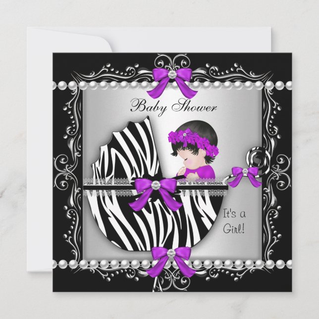 Baby Shower Baby Cute Girl Zebra Pram Silver Invitation (Front)
