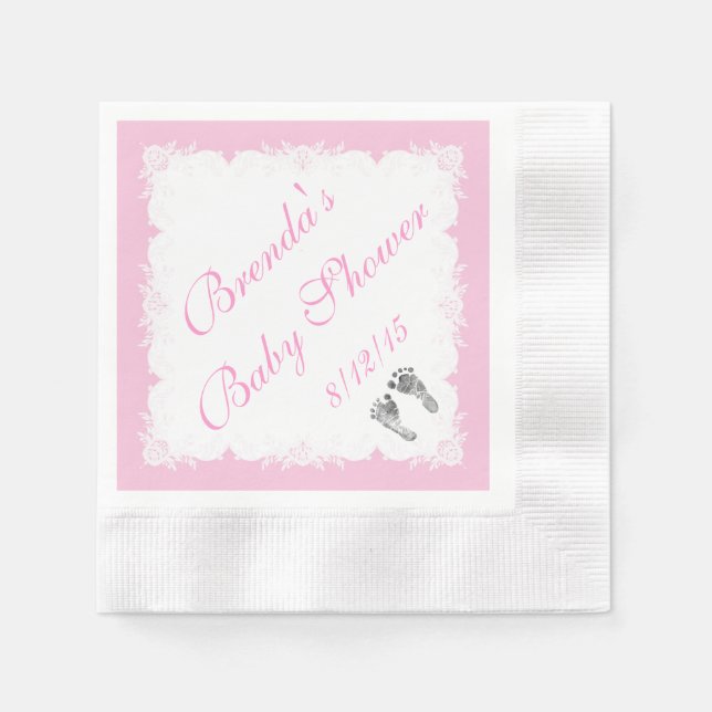 Baby Shower,  Baby Footprints, Pink White Napkin (Front)