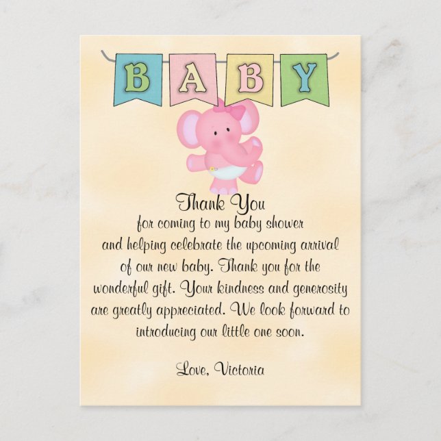 Baby Shower Baby Girl Elephant Postcard (Front)