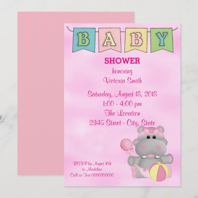 Baby Shower Baby Girl Hippo Invitation (Front/Back)