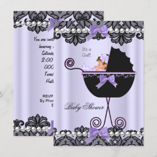 Baby Shower Baby Girl Lavender Purple Black Lace Invitation